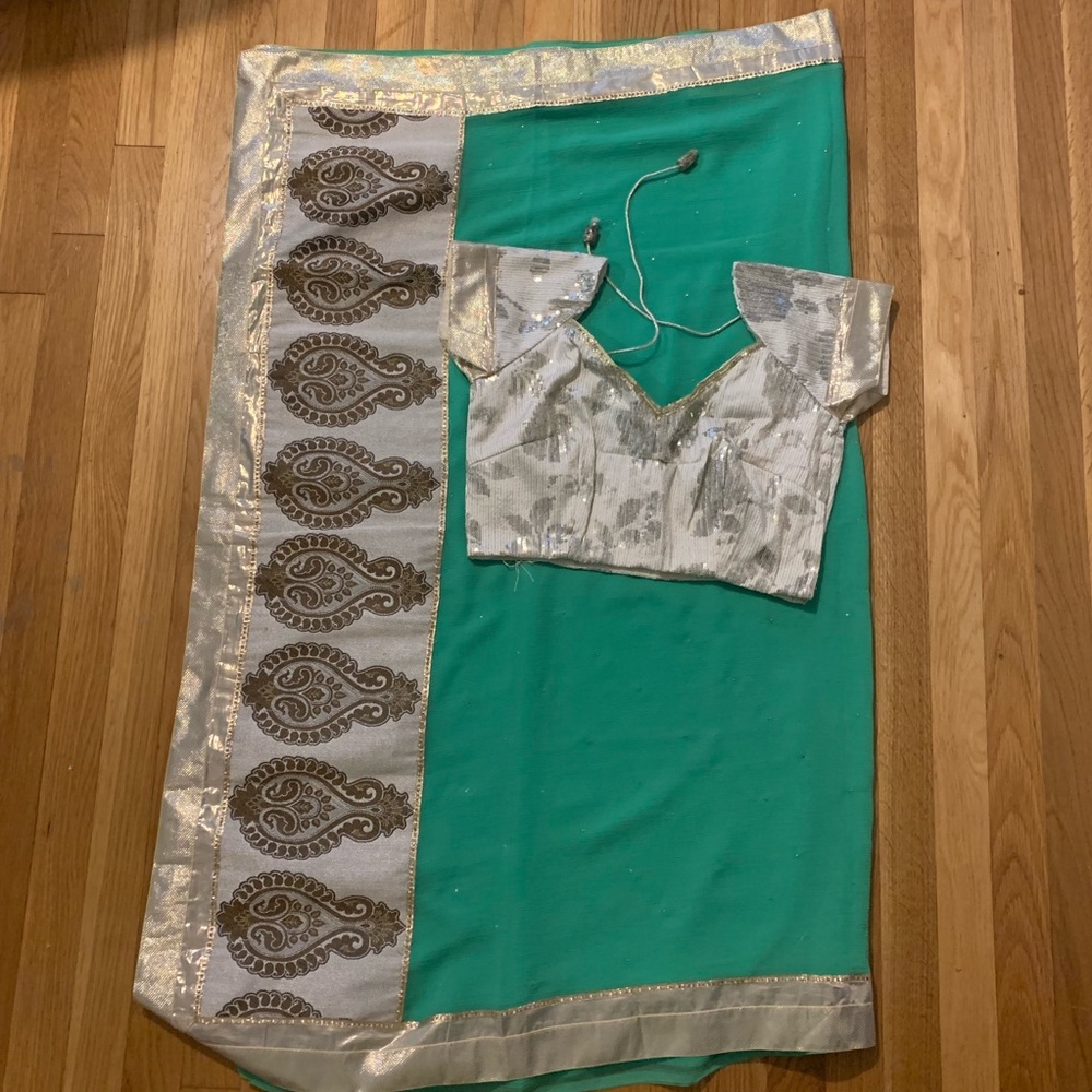 Silver and Green Women's Saree